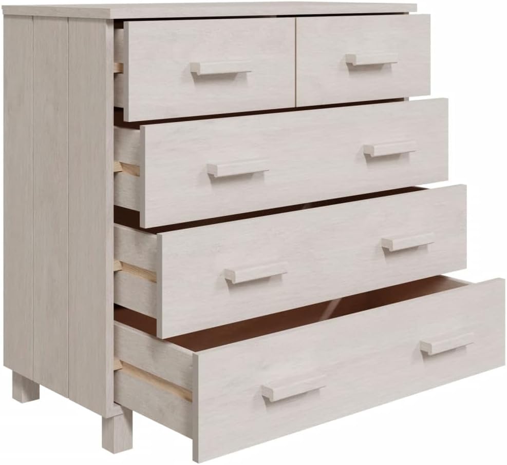 White Sideboard Buffet Cabinet, Solid Pine Wood and MDF Dining Room Credenza with 5 Drawers and Sliding Doors, Modern Accent Storage Cabinet for Living Room and Foyer
