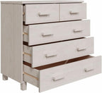 Modern White Sideboard with Sliding Doors and Five Drawers, Solid Pinewood and MDF Buffet Cabinet for Living Room Dining Area Storage