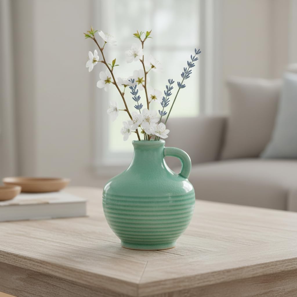 Sunddo Green Ceramic Vase 6 Inch - Small Decorative Vases with 1 Handle, Textured Modern Vase for Home Decor, Bathroom, Bedroom, Living Room, Centerpiece, Table Decor