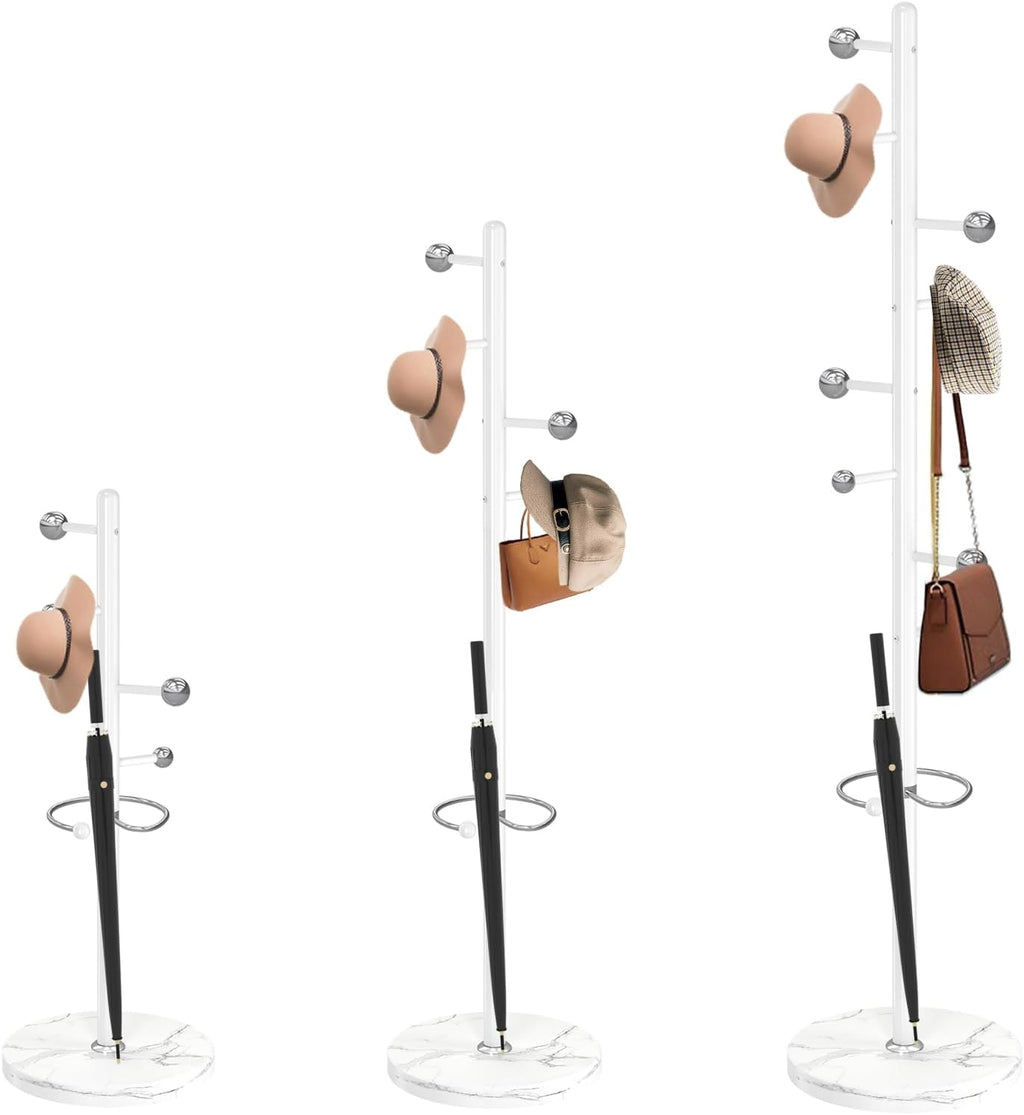 Coat Rack Stand, White Metal Coat Rack Freestanding with 8 Hooks | Coat Rack with Natural Marble Base,Modern Coat Hanger Stand, 3 Adjustable Coat Hall Clothes Tree Stand for Office
