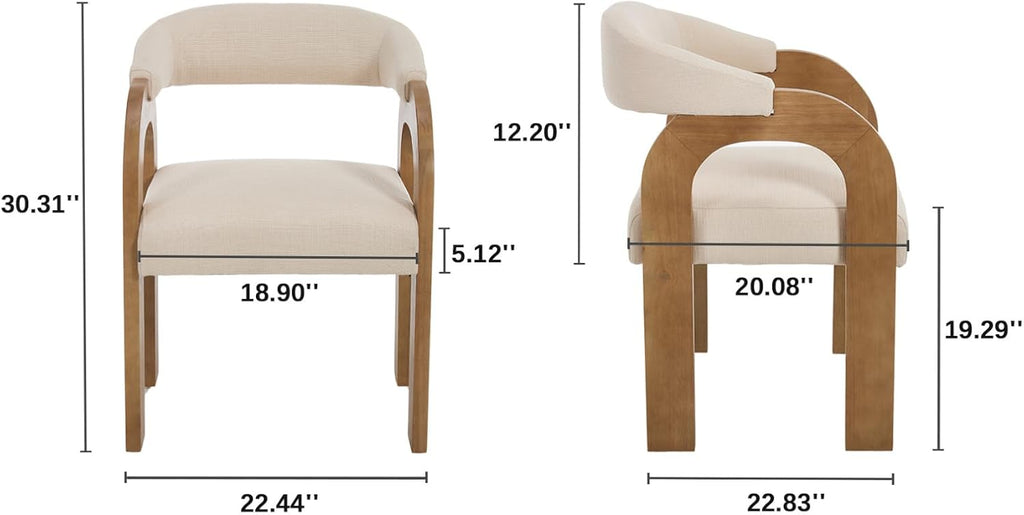 Farmhouse Dining Chairs Set of 4 - Upholstered Armchairs with Linen Cushions & Curved Wooden Arms, Barrel Wood Kitchen Chairs for Dining Room/Cafe/Kitchen Island (Oatmeal Beige)