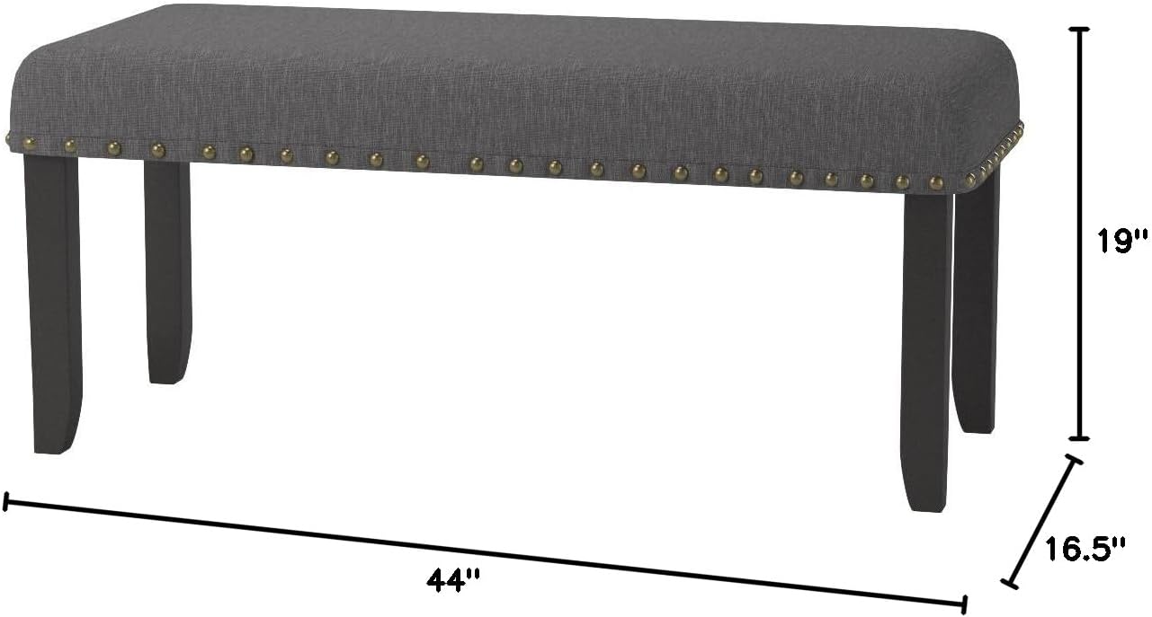 Roundhill Furniture Biony Fabric Dining Bench with Nailhead Trim, Grey