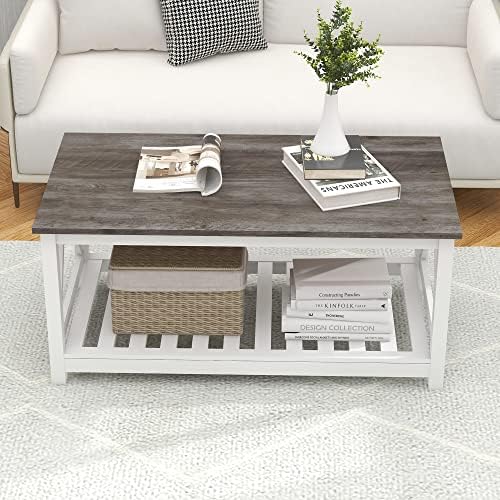 Farmhouse Coffee Table and End Table Set, Oak Grey Wooden Living Room Furniture with Slats Base, Oak Grey
