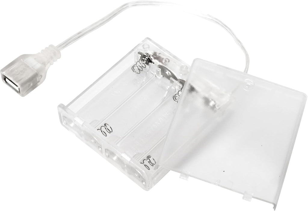 6V 4AA Battery Pack with USB Output - Portable Power Case for LED Neon Signs, Strip Lights & Fairy String - (2 Pack Transparent)