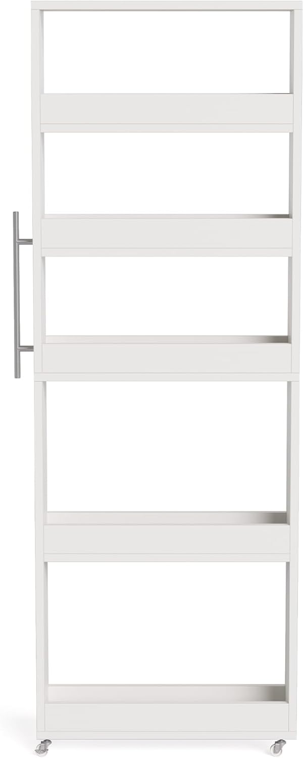 LITTLE TREE 63-Inch Slim Storage Cart on Wheels, 5-Tier Tall Narrow Mobile Shelf Organizer, Rolling Utility Cart with Metal Handle for Kitchen, Dining Room, Small Spaces, White