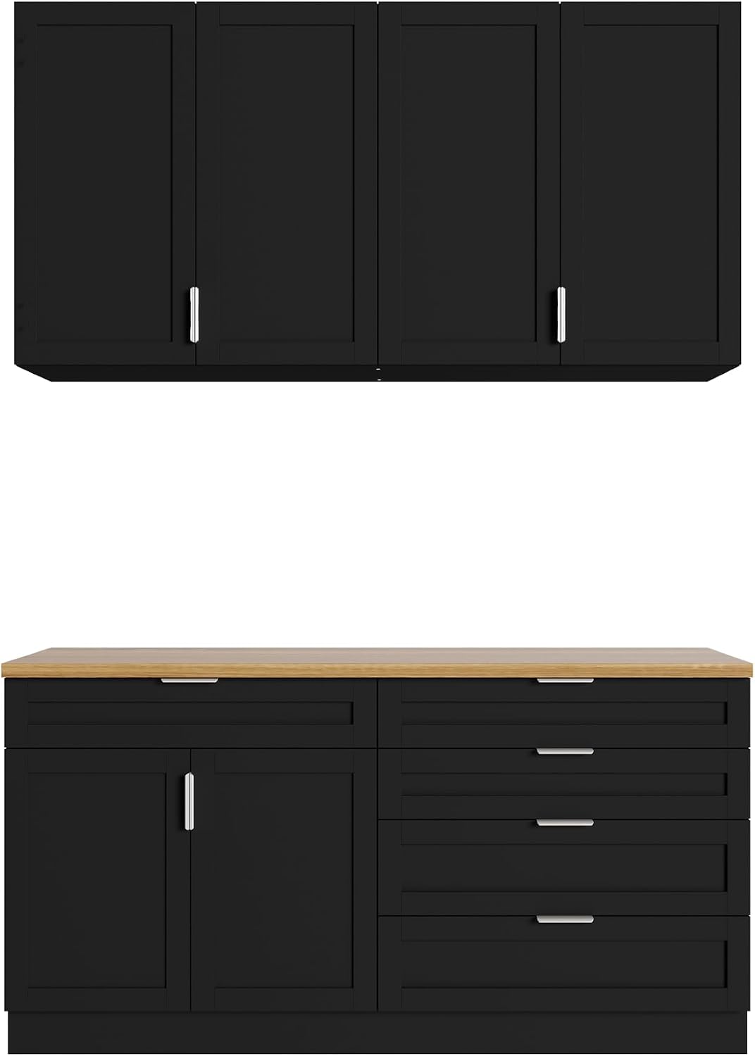 Timechee Large Kitchen Pantry Storage Cabinet Set with Wall Cupboard, Freestanding Food Pantry Cabinet for Kitchen with 6 Doors & 5 Drawers, Sideboards with Storage for Living Room, Black, 63" W