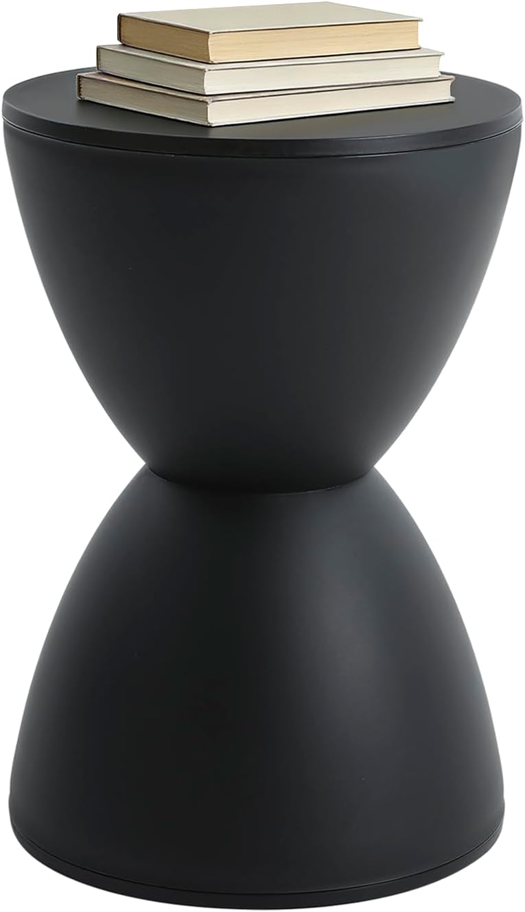 Sallie Indoor/Outdoor Stool or End Table, 16.93" H x 11.81" W, Drum Side Table, Plastic Hourglass Modern End T-able, Round Stool Side Table, for Patio, Balcony, Poolside, Entryway (Black)