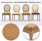 Vintage French Country Dining Chairs Set of 4, Farmhouse Rattan Dining Room Chairs with Round Back, Linen Upholstered Seat & Carved Solid Wood Legs, Sillas de Comedor, Kitchen Dining Chairs (Tan)