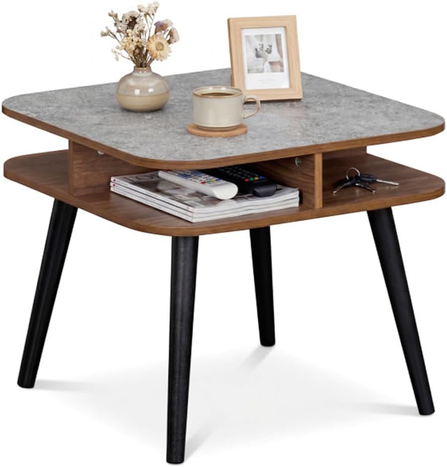 24" Square Faux Marble End Table with 4-Sided Storage Shelves | Nightstand with Rubber Wood Legs for Living Room, Bedroom | Heavy-Duty Side Table for Small Spaces