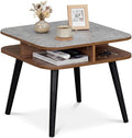 Faux Marble Side Table with 4-Sided Storage Shelves, 24" Square End Table with Rubber Wood Legs for Living Room Bedroom, Grey