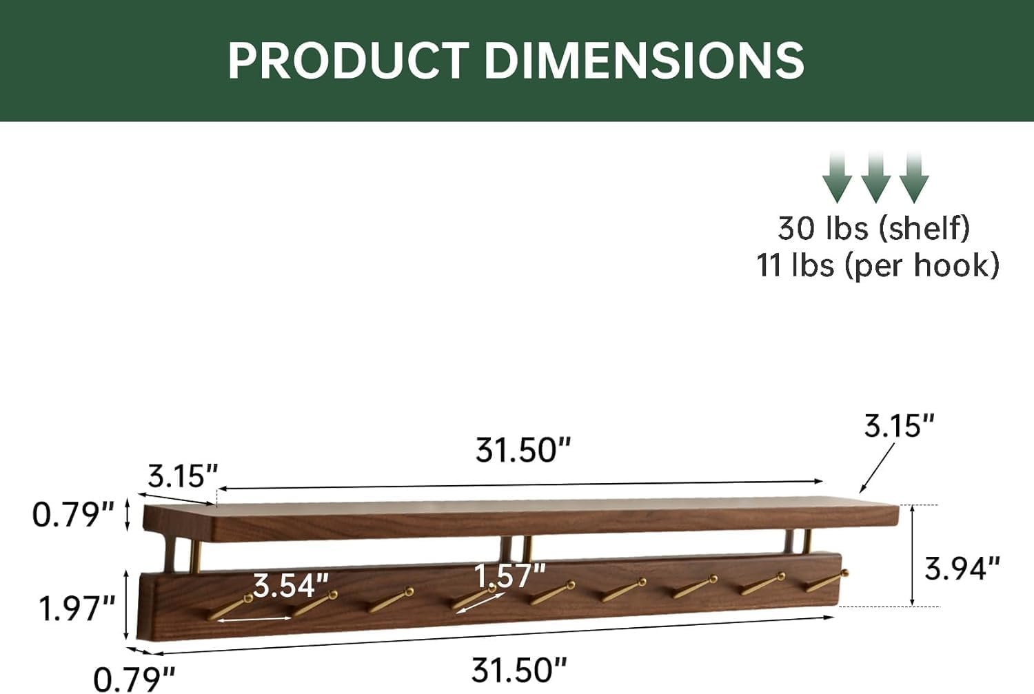 Wall Mounted Coat Rack, Solid Wood Wall Coat Rack with Shelf 9 Brass Hooks, Hanging Storage for Hats, Clothes, Towels, Bags, Entryway-Walnut