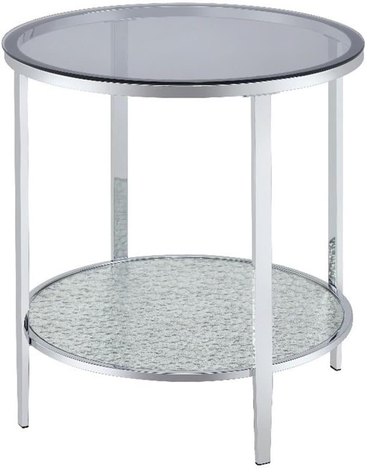Pemberly Row Round Chrome and Tempered Glass End Table, Smoky Glass Top, Textured Mirrored Base, 22" W x 22" D x 24" H, Contemporary Style Side Table for Living Room or Bedroom Use