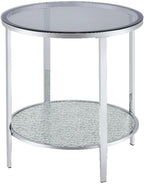 Pemberly Row Round Chrome and Tempered Glass End Table, Smoky Glass Top, Textured Mirrored Base, 22" W x 22" D x 24" H, Contemporary Style Side Table for Living Room or Bedroom Use