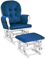 Pemberly Row Wood and Fabric Glider and Ottoman, White and Navy Finish, 38" H x 27" W x 29.25" D, Plush Cushions, Padded Arms, Smooth Quiet Glide, Side Storage Pockets, Nursery or Living Room Use