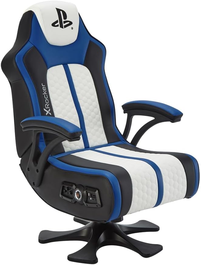 X ROCKER Playstation Legend 2.1 Gaming Chair with Speaker, Wireless Bluetooth Audio Console Gaming Chair, Voice Activated Vibration, Official Playstation for PS5 PS4 PC Mobile - WHITE BLUE BLACK