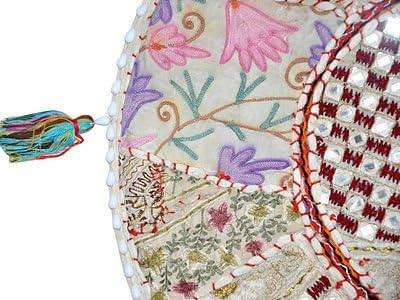 Sophia Art Beautiful Decorative Ruond Ottoman Indian Patchwork Pouffe,Indian Traditional Home Decorative Handmade Cotton Ottoman Patchwork Foot Stool, Embroidered Chair Cover Vintage Pouf 32" (White)