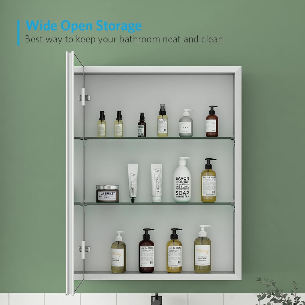 Quavikey 20"x26" Medicine Cabinet with Mirror, Recessed or Surface, Silver | Premium bathroom mirror cabinet featuring rustproof aluminum frame, adjustable shelves, soft-close hinges, and ample storage.