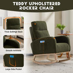 Green Upholstered Teddy Glider Rocker, High Back Armchair with Side Pocket and Solid Wood Legs, Modern Nursery Rocking Chair for Living Room Bedroom Office