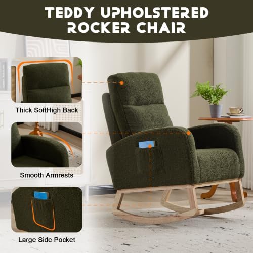 Green Upholstered Teddy Glider Rocker, High Back Armchair with Side Pocket and Solid Wood Legs, Modern Nursery Rocking Chair for Living Room Bedroom Office