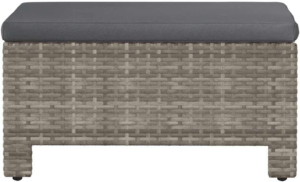 Patio Ottoman Outdoor Wicker Footstool, Garden Footrest with Dark Grey Cushion, Poly Rattan Modular Furniture Foot Rest for Backyard, 22.4 x 22.4 x 11 Inches
