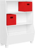 RiverRidge Kids Bookshelf with Toy Storage Organizer & Book Shelf with Spacious Veggie Bin, 2 Open Shelves and 2 Red Fabric Storage Bins - Toy Shelf for Books, Games, Puzzles