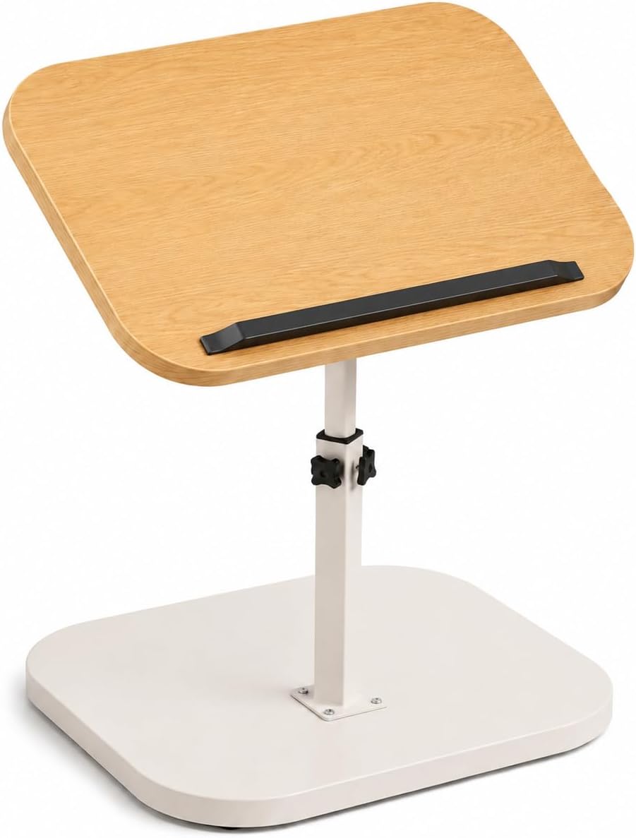 Adjustable C Table End Table, Height Adjustable 360° Swivel TV Tray Table for Small Spaces, Sofa Bedside Laptop Side Table that Slides Under Couch, Living Room & Bedroom (Natural Wood/White)