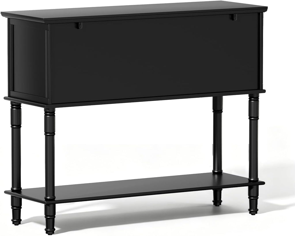 Console Table with 2 Soft-Close Cabinet Doors, Retro Narrow Entryway Table with 2 Drawers & Open Storage Shelf, 42" Long Behind Couch Sofa Table for Living Room, Foyer, Hallway, Coffee Bar (Black)
