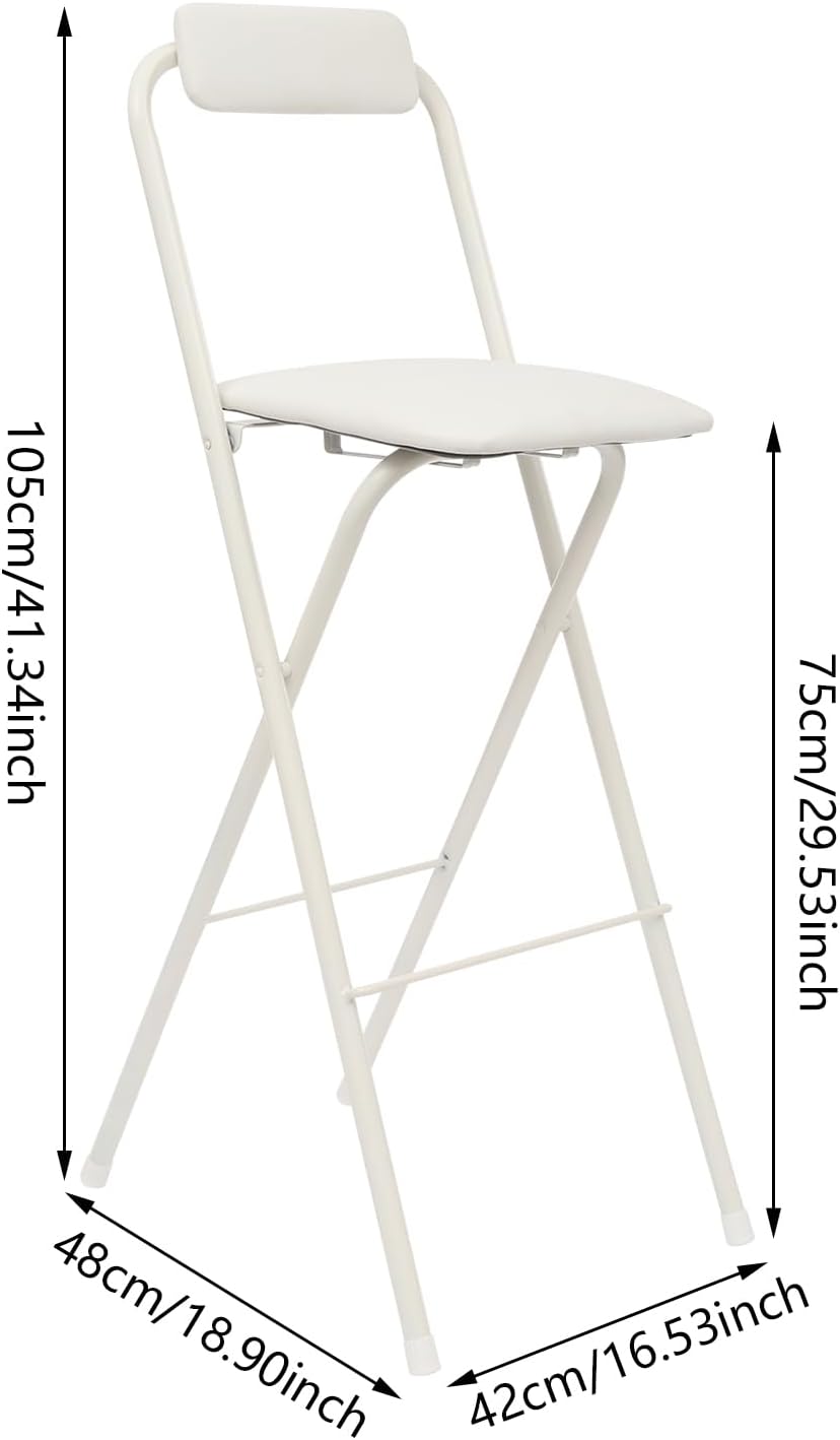 Folding Bar Stool with Backrest, 29 Inch Leather Padded Counter Height Foldable Stool Portable Tall Foldable Chair 275LBS for Gardening Outdoor Kitchen Camping Shop Cafe (White, 1 Pack)