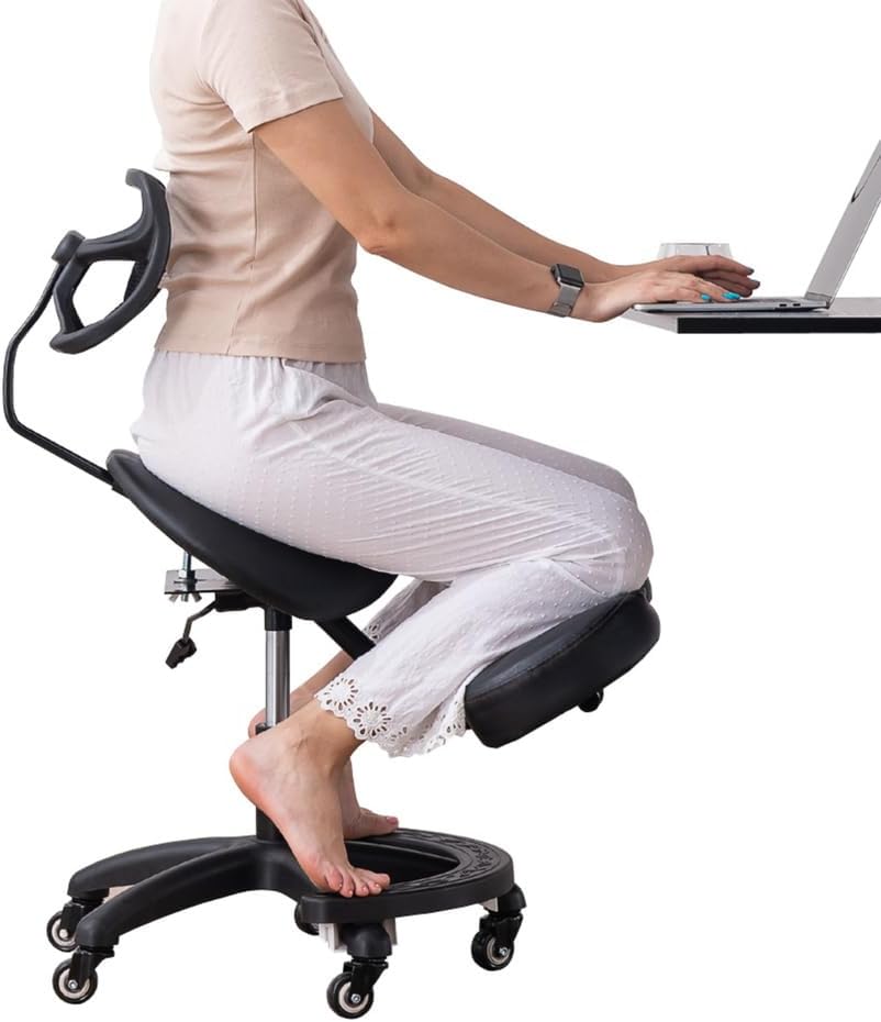 Ergonomic Kneeling Chair with Back Support - Knee Chair Ergonomic for Office w/Upholstered Fabric - Adjustable Rocking Stationary Correcting Stool, Meditation Desk Stool for Better Posture