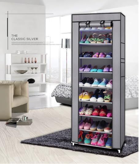 Non-Woven Fabric Shoe Rack, Black, 10-Layer 9 Lattice, Space-Saving, Portable Storage Organizer