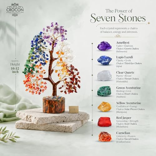 Crocon® 7 Chakra Crystal Tree of Life, Healing Crystals Tree 10-12 Inch, Birthday Gift for Women, Feng Shui, Money Trees, Positive Energy, Good Luck, Home Office Decor, Spiritual Gifts for Women