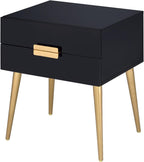 Penau Black and Gold End Table, Rectangular High Gloss Engineered Wood Top, Metal Tapered Gold Legs, 2 Drawers Storage Nightstand, 16.00 x 20.00 x 24.00 Inchs