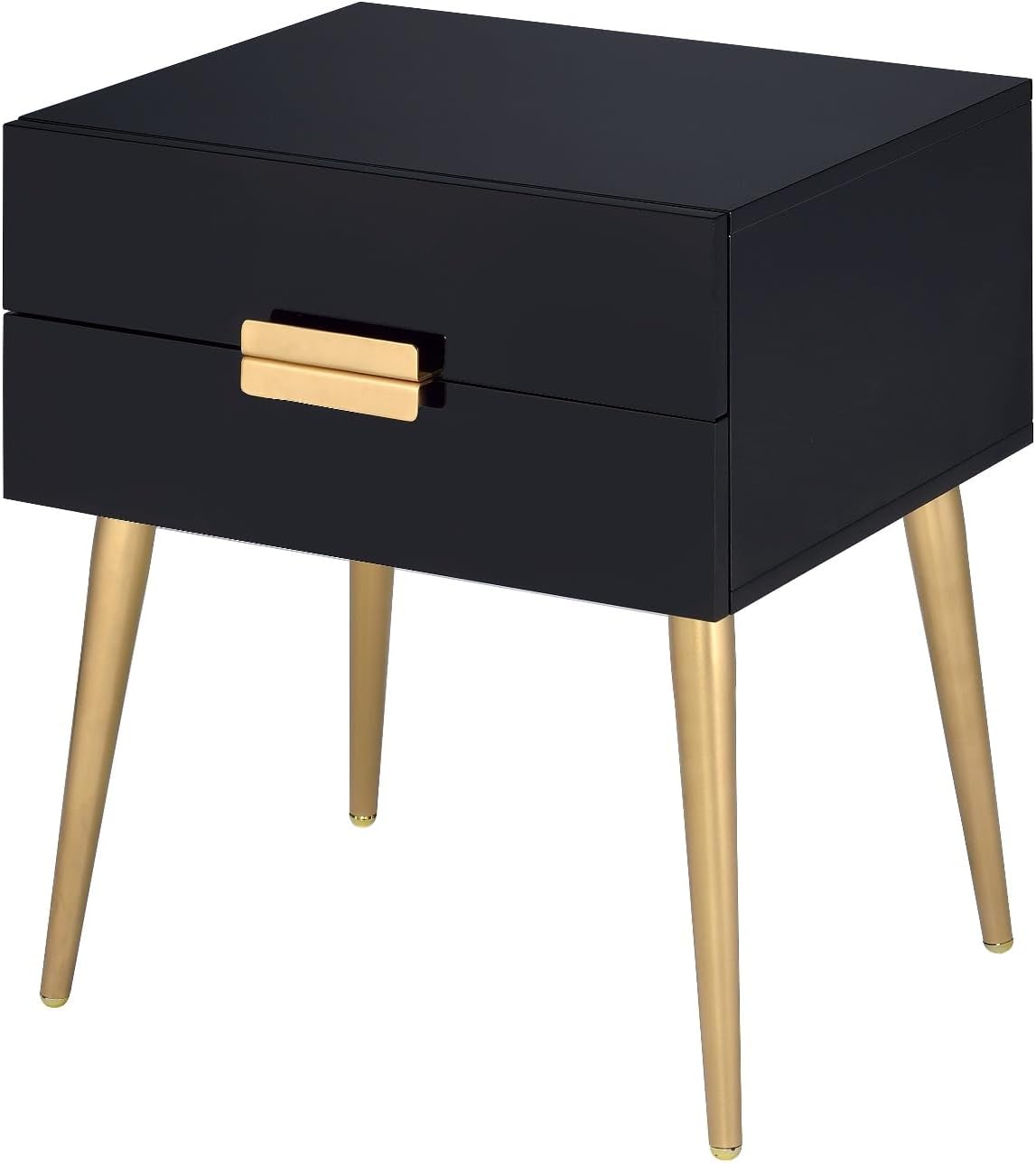 Penau Black and Gold End Table, Rectangular High Gloss Engineered Wood Top, Metal Tapered Gold Legs, 2 Drawers Storage Nightstand, 16.00 x 20.00 x 24.00 Inchs
