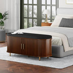 Entryway Bench with Storage: 43.31" Wooden Bedroom Shoe Bench with Thickened Padded Seat Cushion, Mid Century Modern Fluted Sliding Door and Adjustable Shelf, for Entryway, Living Room