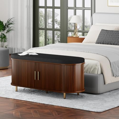 Entryway Bench with Storage: 43.31" Wooden Bedroom Shoe Bench with Thickened Padded Seat Cushion, Mid Century Modern Fluted Sliding Door and Adjustable Shelf, for Entryway, Living Room