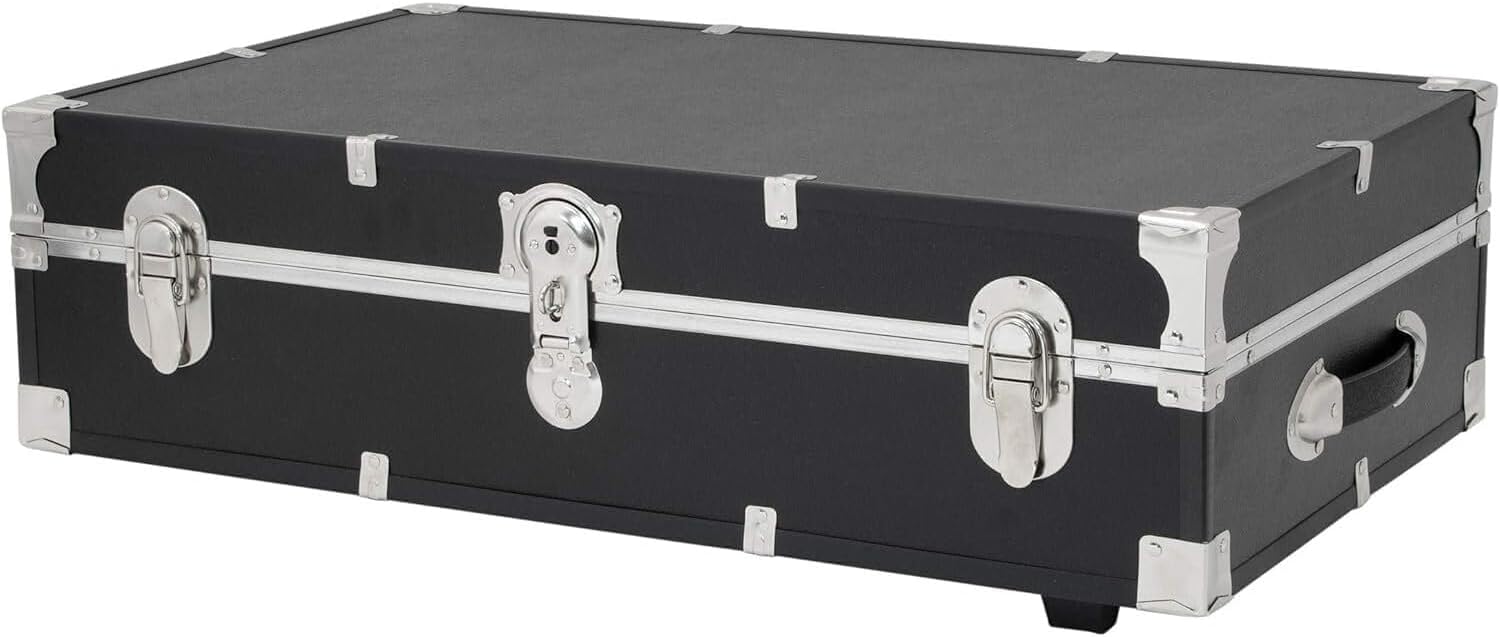HomeStock Seaside Style Heavy Duty 31" Under Bed College Storage Trunk with Wheels & Lock, Latch Closure Type, 30" L x 8.25" W x 18.25" H, Ideal Camp Dorm Room Trunk Footlocker Antique Black