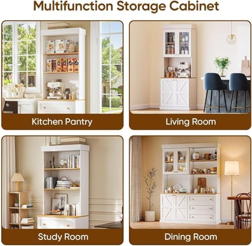 71" White Farmhouse Kitchen Pantry Cabinet Set of 3— Freestanding Coffee Bar with Glass Doors or Drawers, Microwave Stand, Large Storage Hutch with Adjustable Shelves for Kitchen, Living Room