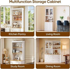 71" White Farmhouse Kitchen Pantry Cabinet Set of 4— Freestanding Coffee Bar with Glass Doors or Drawers, Microwave Stand, Large Storage Hutch with Adjustable Shelves for Kitchen, Living Room