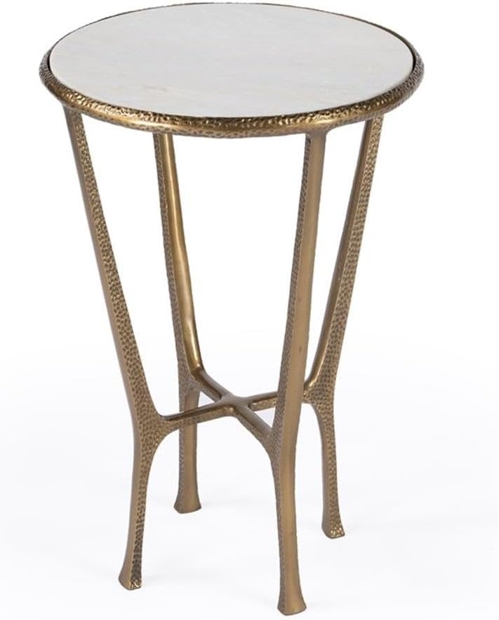 Beaumont Lane Transitional Side Table, 16" Round White Marble Top, Gold Aluminum Base with Hammered Detailing, Contemporary Accent Table for Living Room or Bedroom
