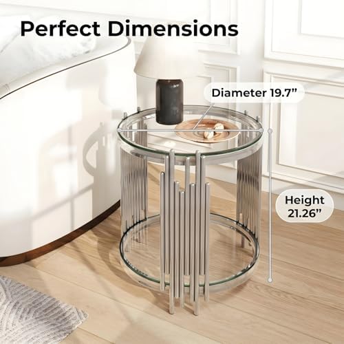 19.7" Luxury Round Silver End Table with 2-Tier Clear Tempered Glass Shelves, Modern Sofa Bedside Table for Living Room Bedroom Home Office, Polished Stainless Steel Frame