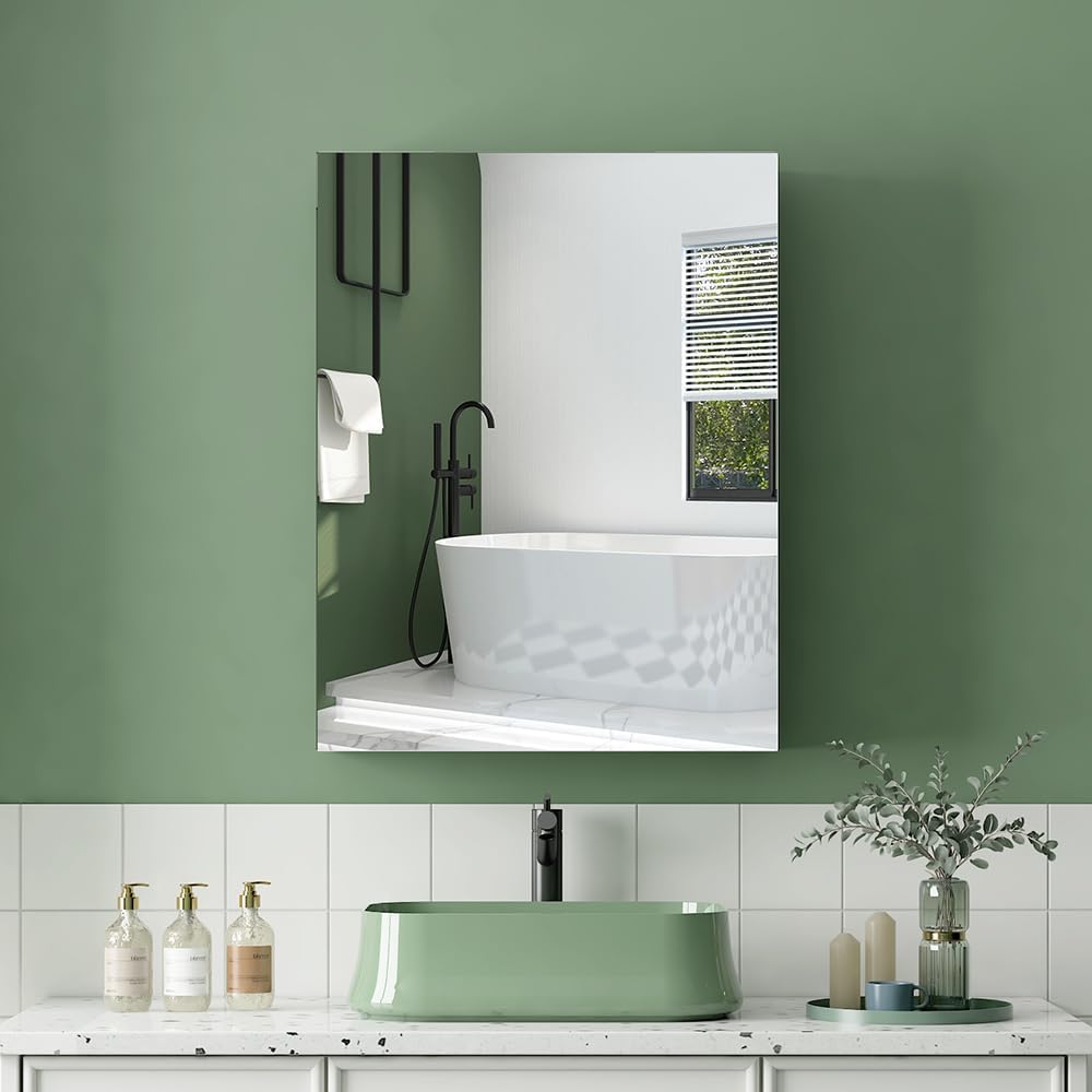 Quavikey 20"x26" Medicine Cabinet with Mirror, Recessed or Surface, Silver | Premium bathroom mirror cabinet featuring rustproof aluminum frame, adjustable shelves, soft-close hinges, and ample storage.