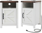 White Farmhouse Nightstand Set of 2, End Tables Set with Charging Station, Night Stand with Door and Storage Shelf, Sofa Side Table Living Room, Bedside Table for Bedroom