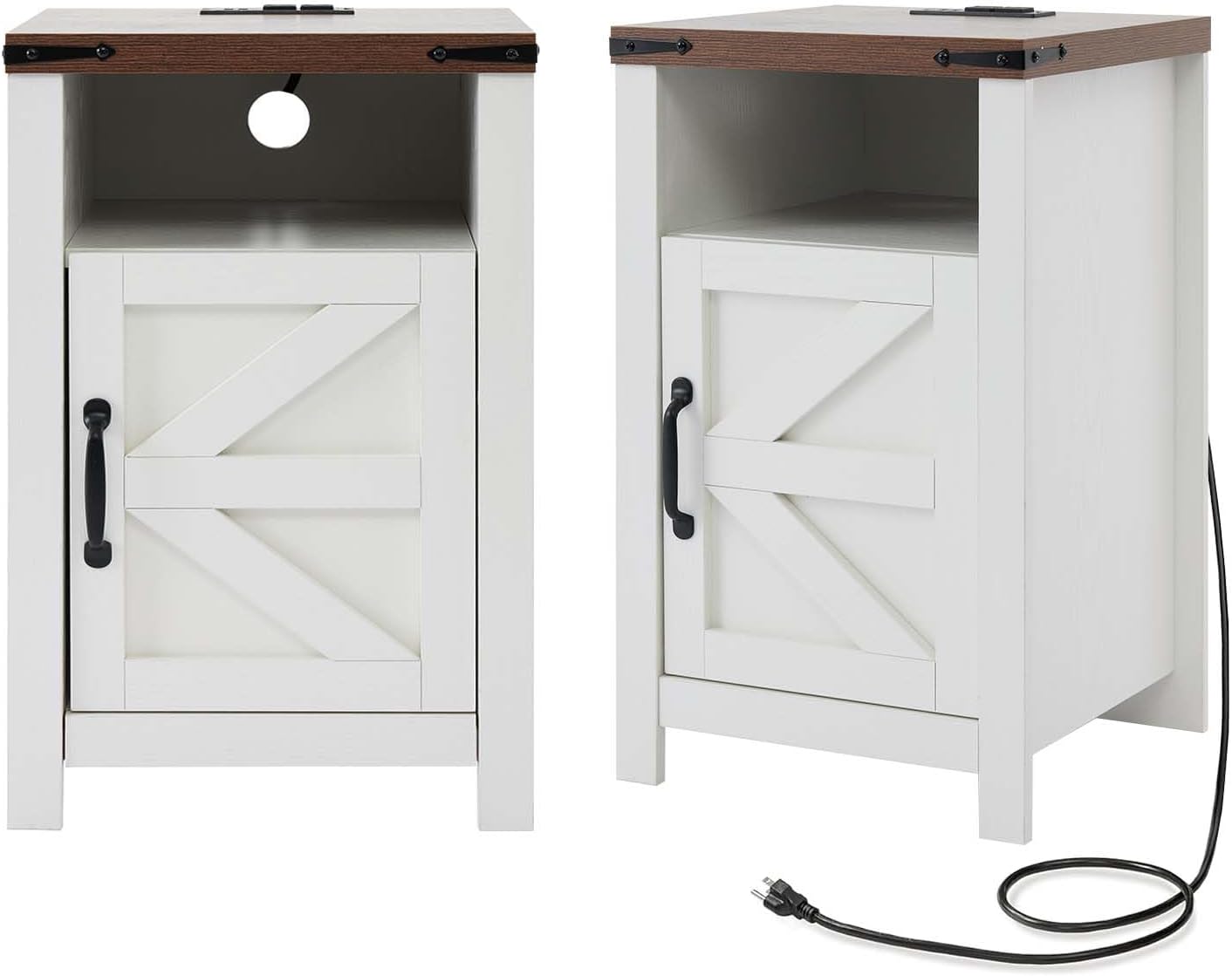 White Farmhouse Nightstand Set of 2, End Tables Set with Charging Station, Night Stand with Door and Storage Shelf, Sofa Side Table Living Room, Bedside Table for Bedroom