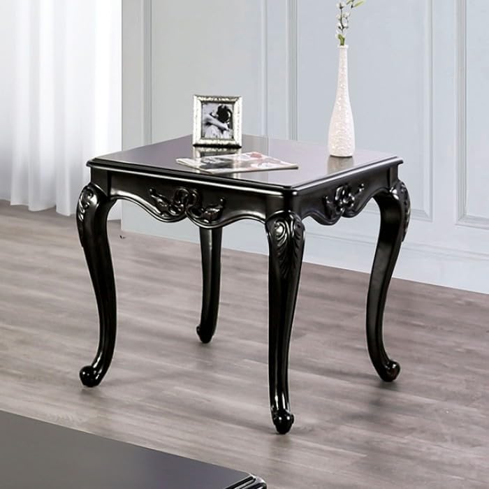MASARA Elegant Traditional Black End Table with Carved Details, Solid Wood and Veneer Construction, Cabriole Legs, 26.5" W x 28.5" D x 24.5" H