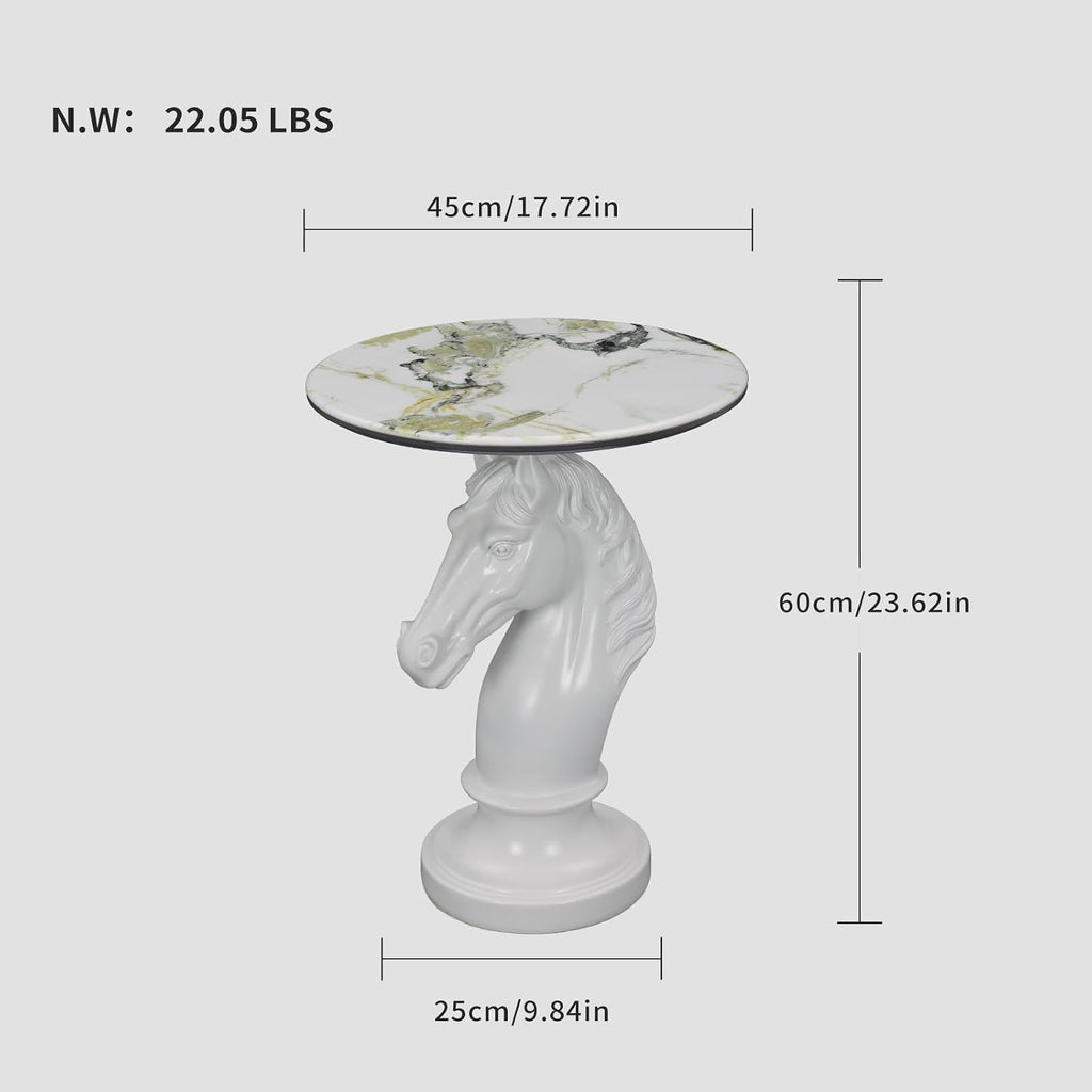Horse Head Accent Table, Animal Statue End Table for Living Room, Decorative White Sculpture Side Table with Smooth Ceramic Finish, Compact Nightstand for Bedroom or Sofa Corner