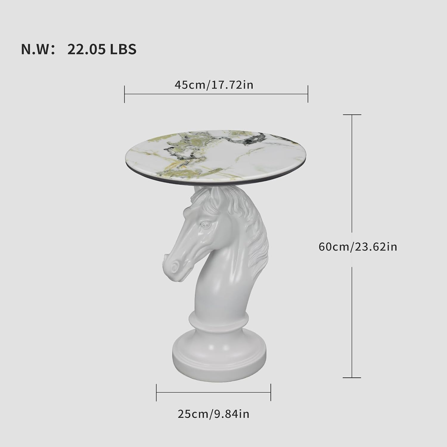 Horse Head Accent Table, Animal Statue End Table for Living Room, Decorative White Sculpture Side Table with Smooth Ceramic Finish, Compact Nightstand for Bedroom or Sofa Corner
