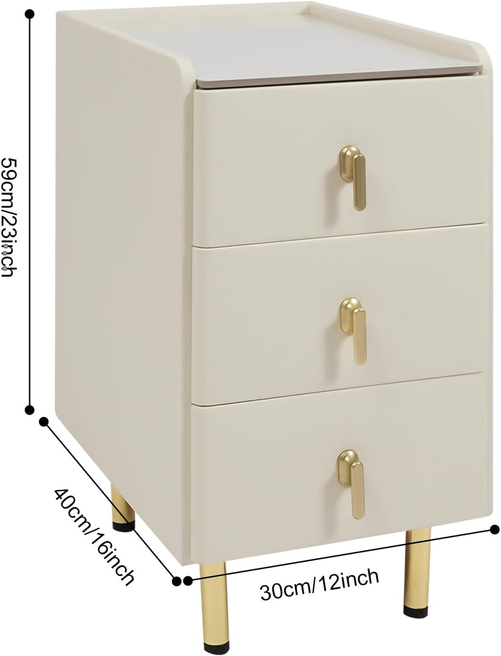 Narrow Nightstand with 3 Drawers, PU Bedside Cabinet, Simple Bedside Table Furniture, End Table with Metal Legs for Bedroom, Living Room (Cream White)