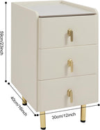 Narrow Nightstand with 3 Drawers, PU Bedside Cabinet, Simple Bedside Table Furniture, End Table with Metal Legs for Bedroom, Living Room (Cream White)