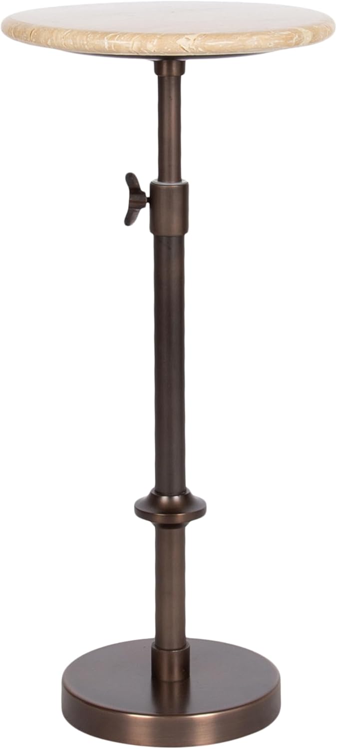Kate and Laurel Engles Traditional Adjustable-Height Pedestal Drink Table, 10 x 10 x 30, Natural Travertine and Bronze, Round Metal Mini Table for Indoor Plant Stand with Authentic Stone Tabletop