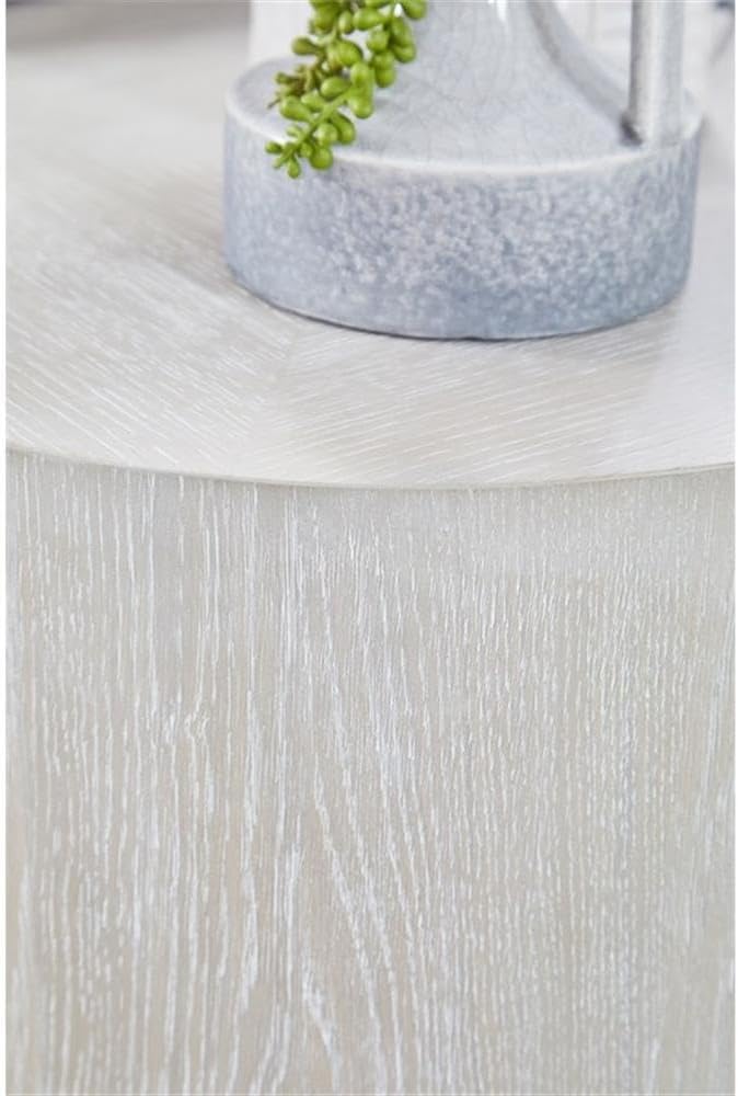 Pemberly Row Round Oak Veneer End Table, 22 in Diameter, Natural Gray Finish, Brushed Silver Metal Base, Diamond Pattern Top, Sleek Contemporary Design, Living Room Furniture